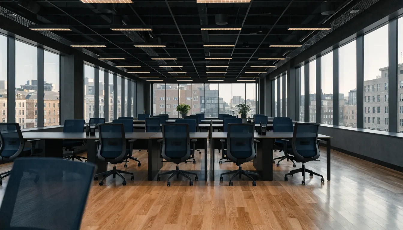 Open-space de bureaux français équipé de panneaux LED au plafond