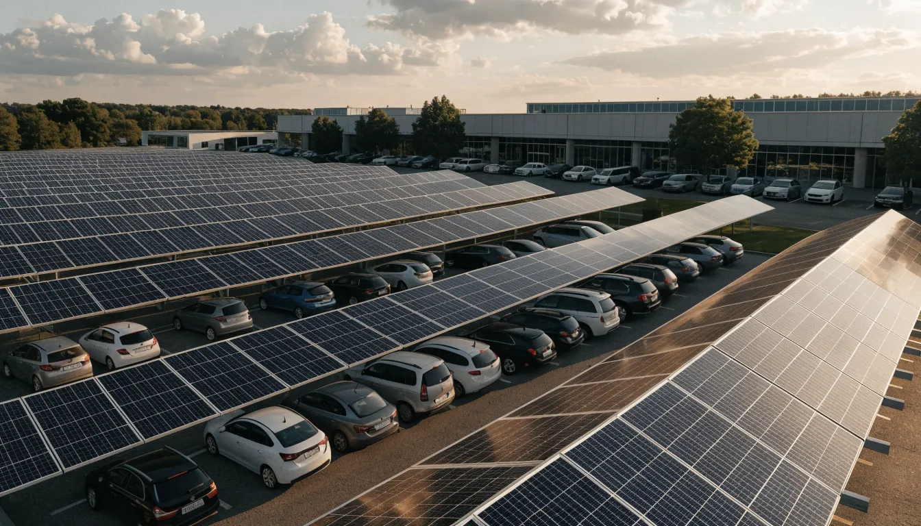 Parking de retail français couvert d’ombrières photovoltaïques, vue aérienne