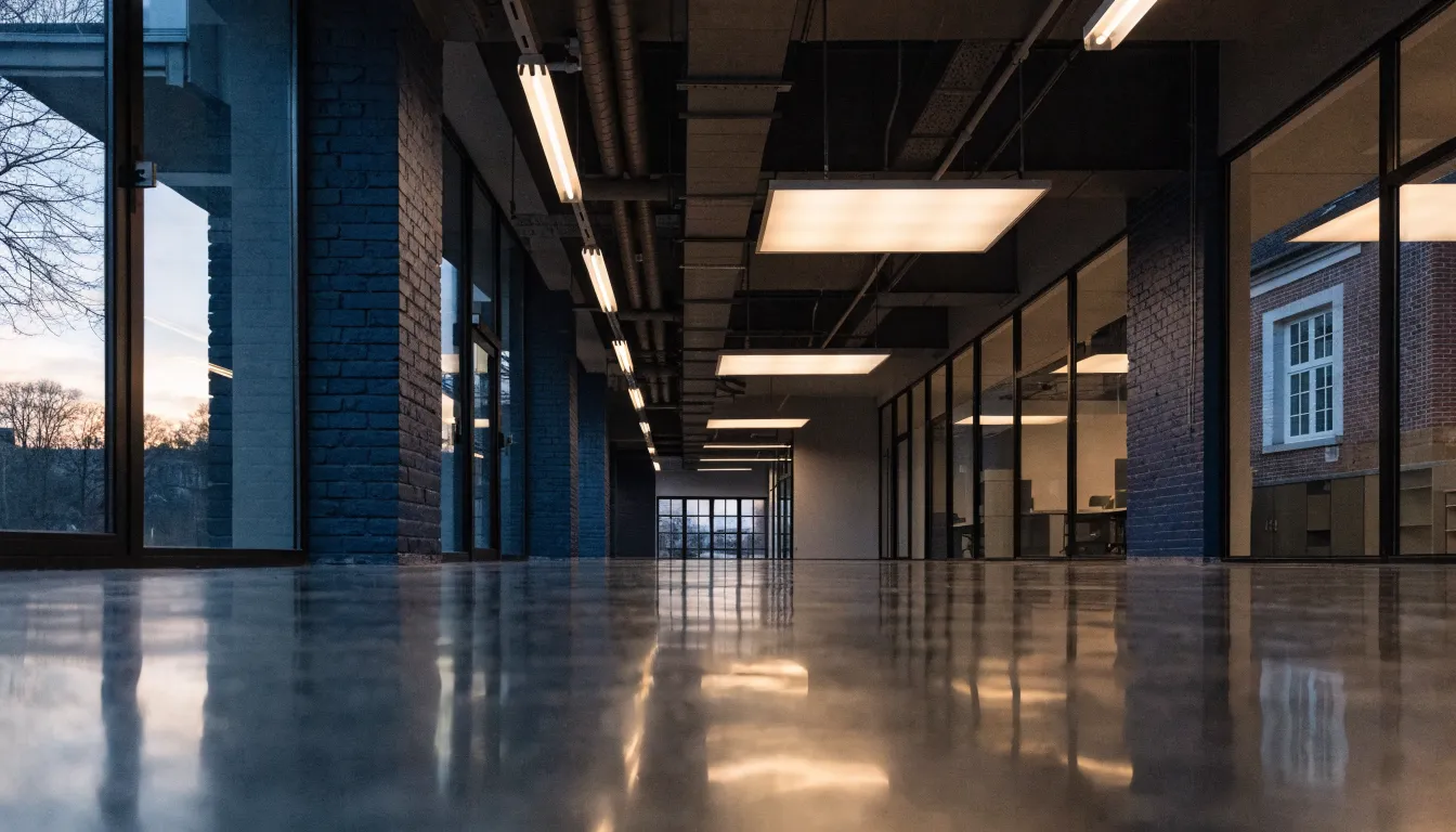 Couloir de bâtiment public au crépuscule en transition d'éclairage fluorescent vers LED, trois tubes anciens remplacés par des panneaux LED visibles