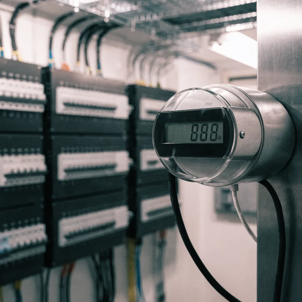 Vue rapprochée d'un compteur électrique numérique de bâtiment tertiaire avec affichage des consommations cumulées, ambiance de local technique